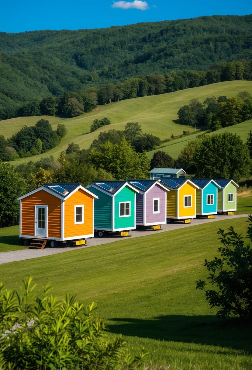 A row of colorful prefab tiny homes nestled in the rolling hills of Tennessee, surrounded by lush greenery and a clear blue sky