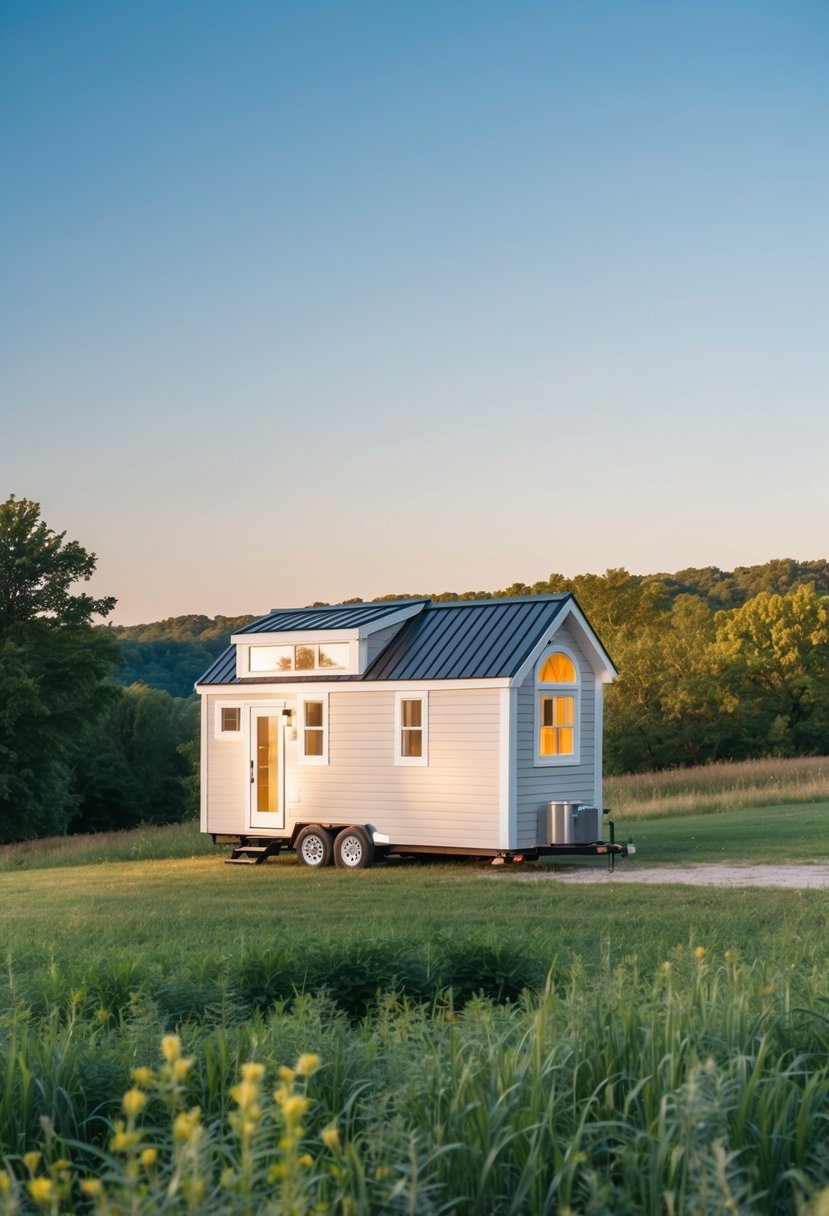 A cozy modular tiny home nestled in the Tennessee countryside, surrounded by lush greenery and a clear blue sky