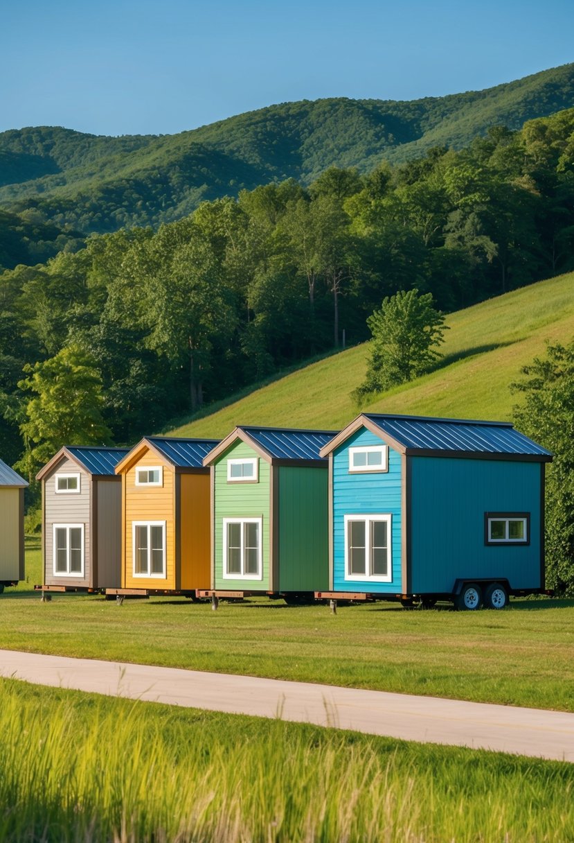 A row of colorful prefab tiny homes nestled among the rolling hills of Tennessee, with lush greenery and a clear blue sky in the background