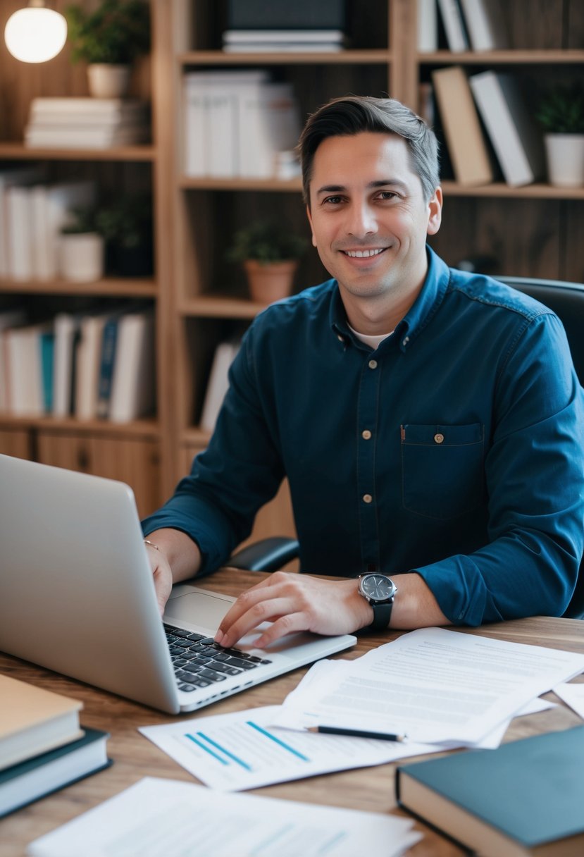 An individual sitting at a desk with a laptop, surrounded by papers and books, researching local regulations for prefab tiny homes in Tennessee