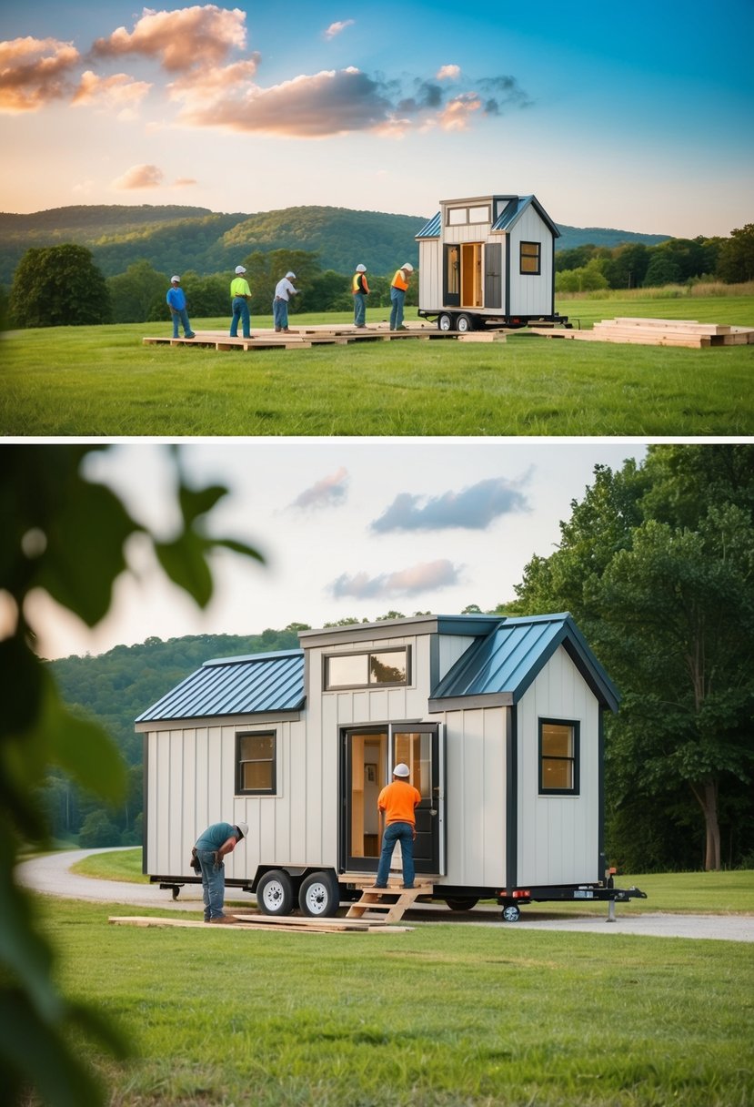 A group of builders constructing a tiny house in the scenic countryside of Tennessee