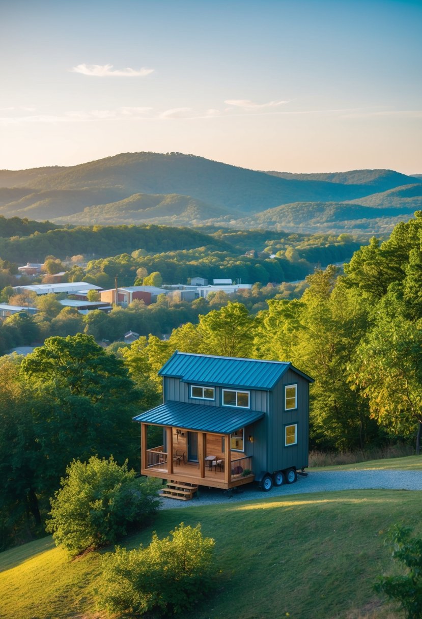 A cozy tiny house nestled among the rolling hills of Chattanooga, TN, with a backdrop of lush greenery and a clear blue sky