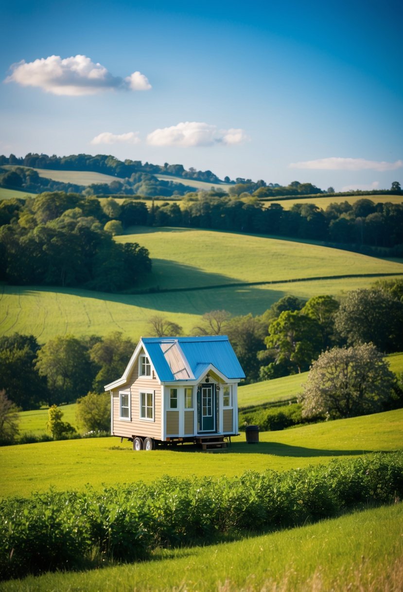 A quaint tiny house nestled in the scenic countryside, surrounded by lush greenery and rolling hills, with a clear blue sky overhead