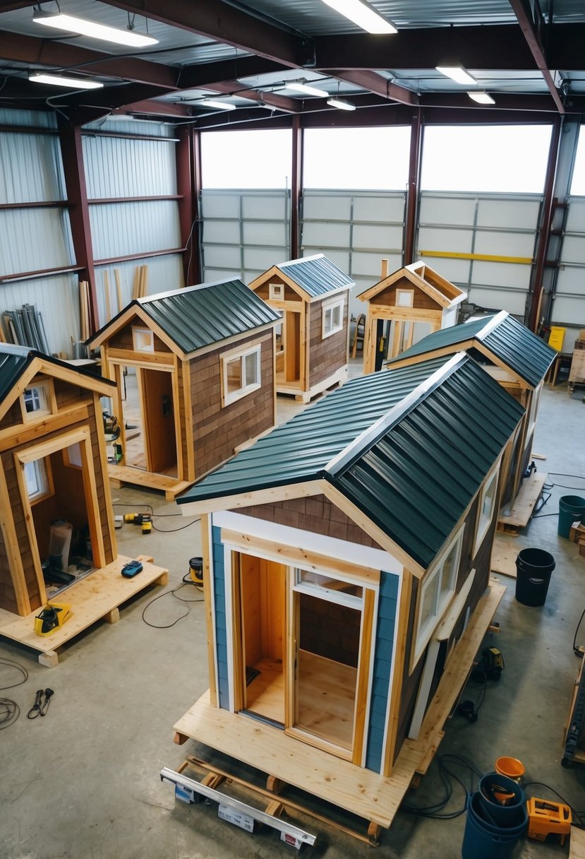 A group of tiny houses being constructed in a Nashville workshop by New Frontier Design. Materials and tools are scattered around the space