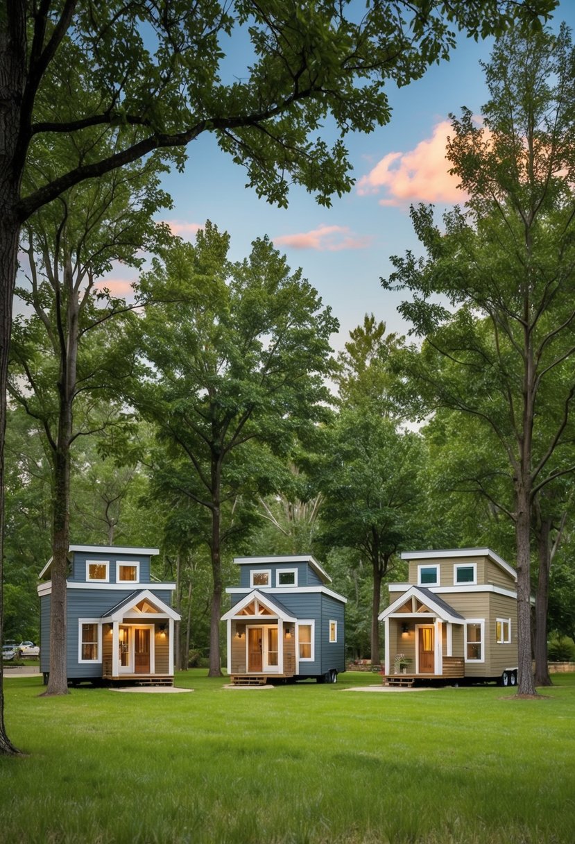 Five clusters of tiny homes nestled among trees in a serene community setting. Each community features unique architectural designs and communal spaces