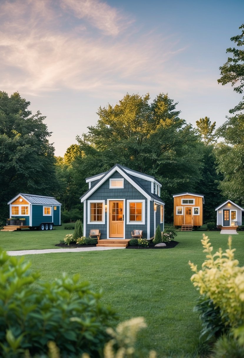 A cozy bungalow nestled among lush greenery at Escapes Tiny House Resort in NOVA, surrounded by other charming tiny homes communities