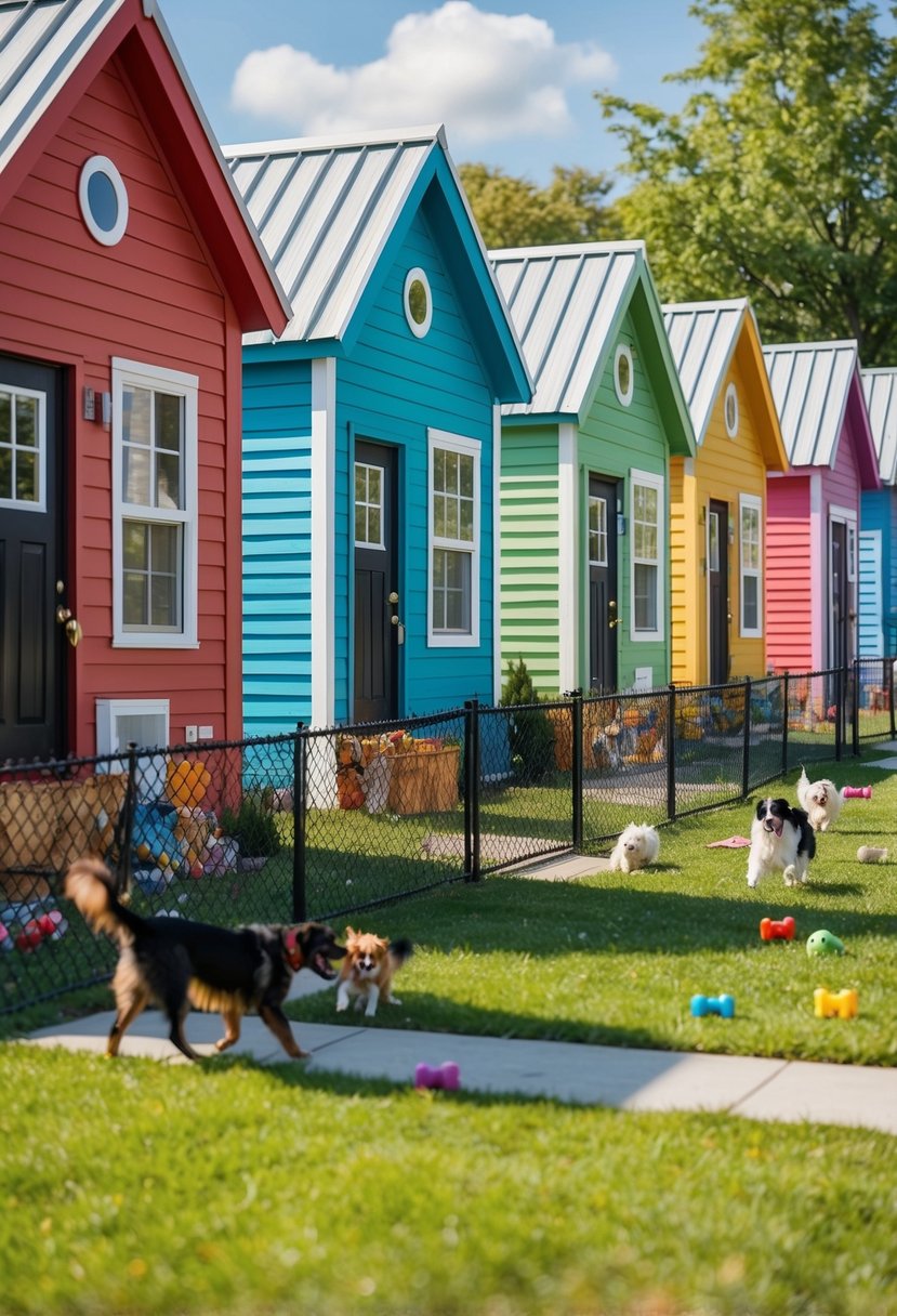 A row of colorful tiny houses with fenced yards and pet toys scattered outside. Dogs and cats roam and play happily in the sunny, grassy area