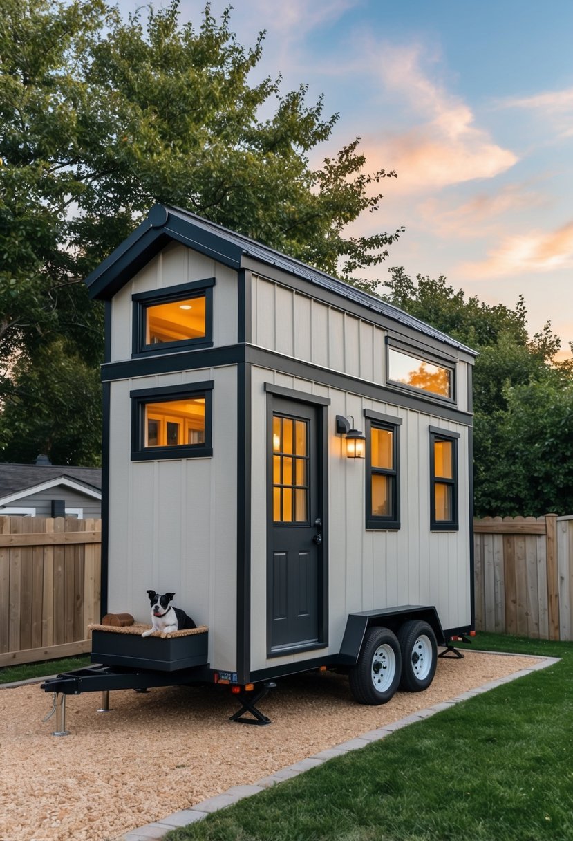 A cozy, compact tiny house with pet-friendly features such as a built-in feeding station, pet-friendly flooring, and a small fenced-in yard