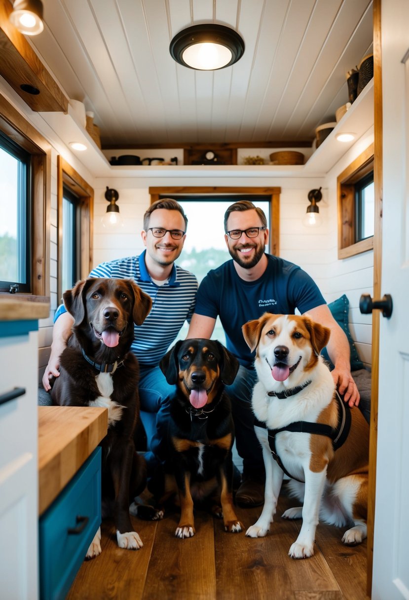 Two engineers and three dogs inside a cozy, pet-friendly tiny house