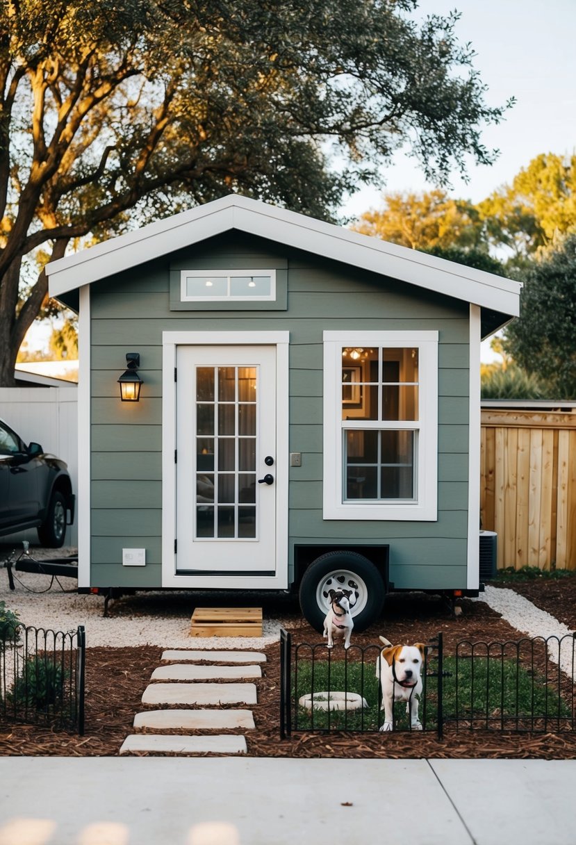 A cozy 117-square-foot tiny house in Orlando, complete with pet-friendly features like a small dog door and a fenced-in area for pets to play