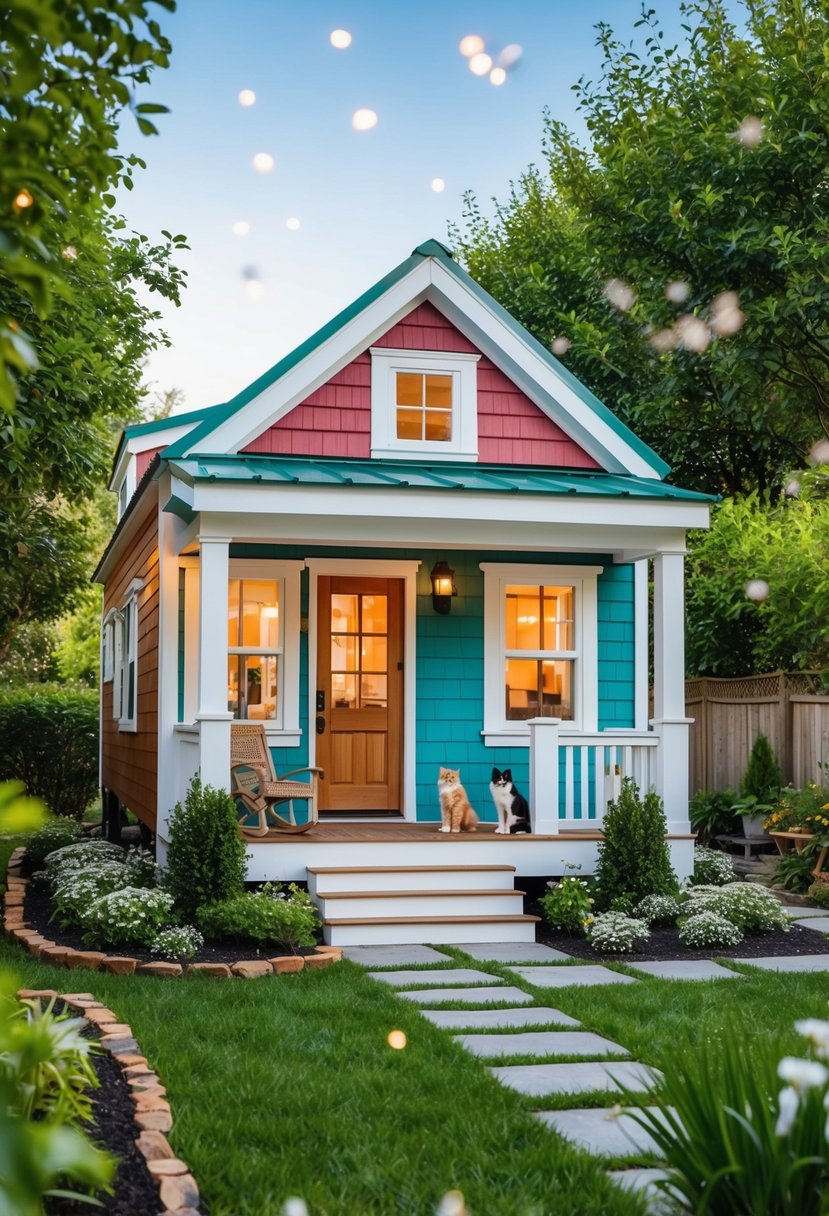 A cozy dandelion-colored tiny house surrounded by a lush garden, with a small dog and cat lounging on the front porch