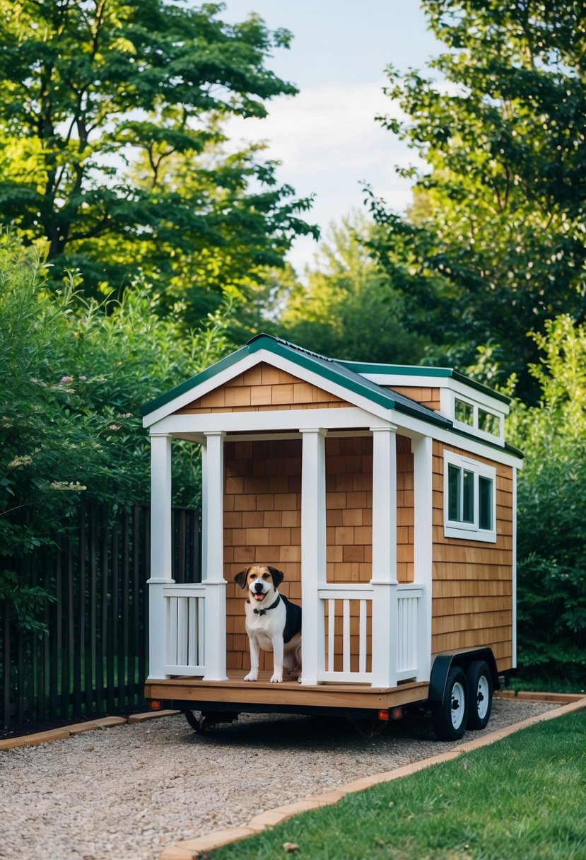 A cozy tiny house with a built-in dog condo, surrounded by lush greenery and a fenced yard