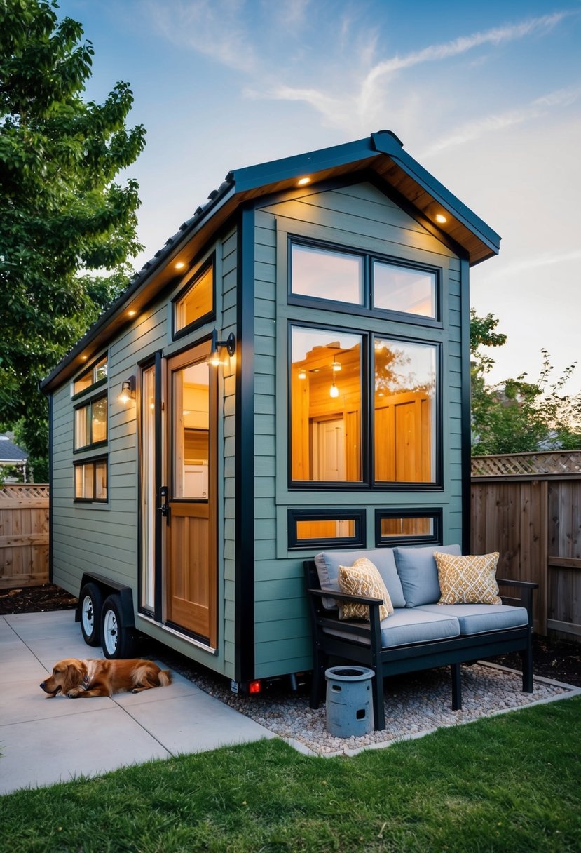 A cozy, modern tiny house with a fenced-in yard, a doggy door, and pet-friendly furniture