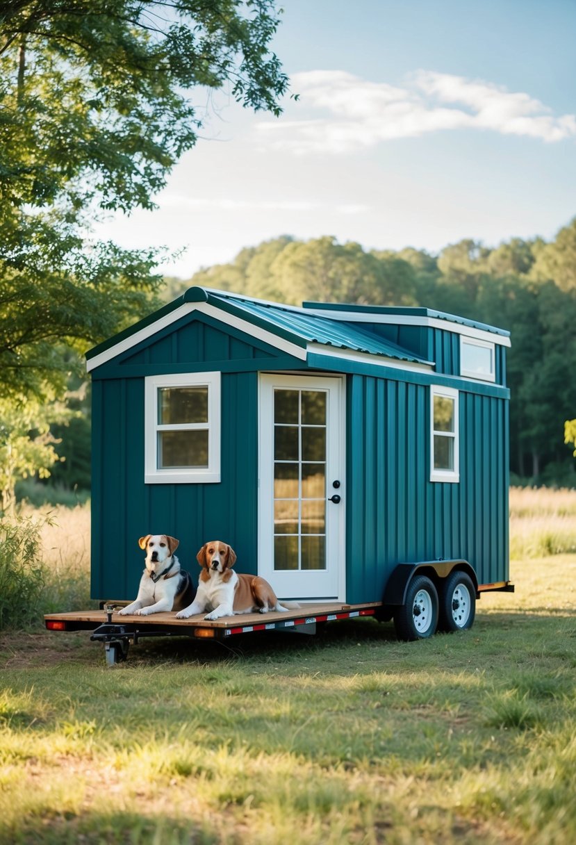 A tiny house on wheels with two dogs lounging outside, surrounded by trees and a serene natural setting