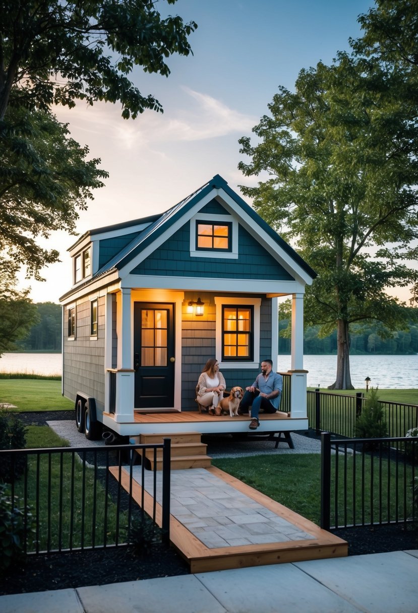 A cozy tiny house with a front porch and a fenced yard, surrounded by trees and a nearby lake. A couple and their dog are relaxing outside