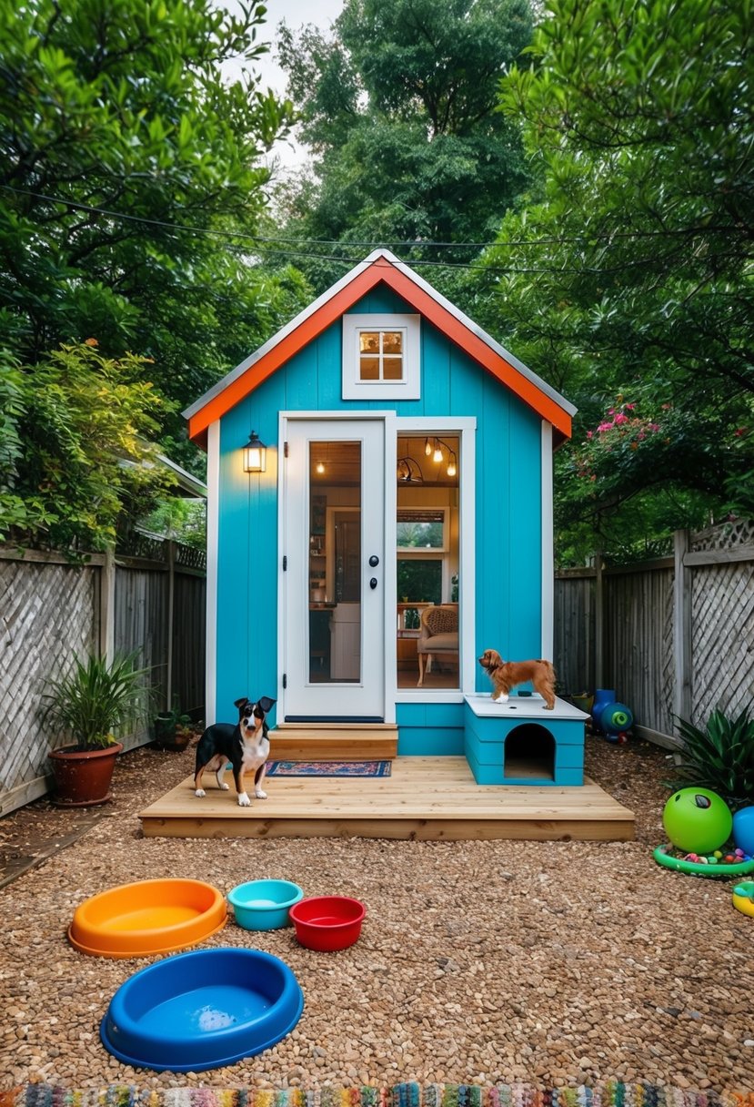 An eclectic tiny house with a fenced-in outdoor area features a doghouse, water bowls, and toys for pets to enjoy