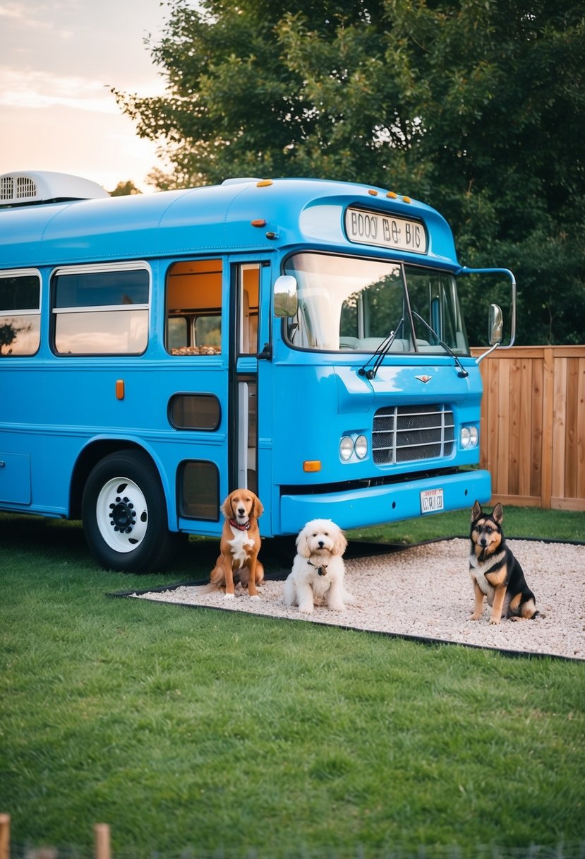 A blue bird bus converted into a cozy home for dogs, with a fenced yard and pet-friendly amenities