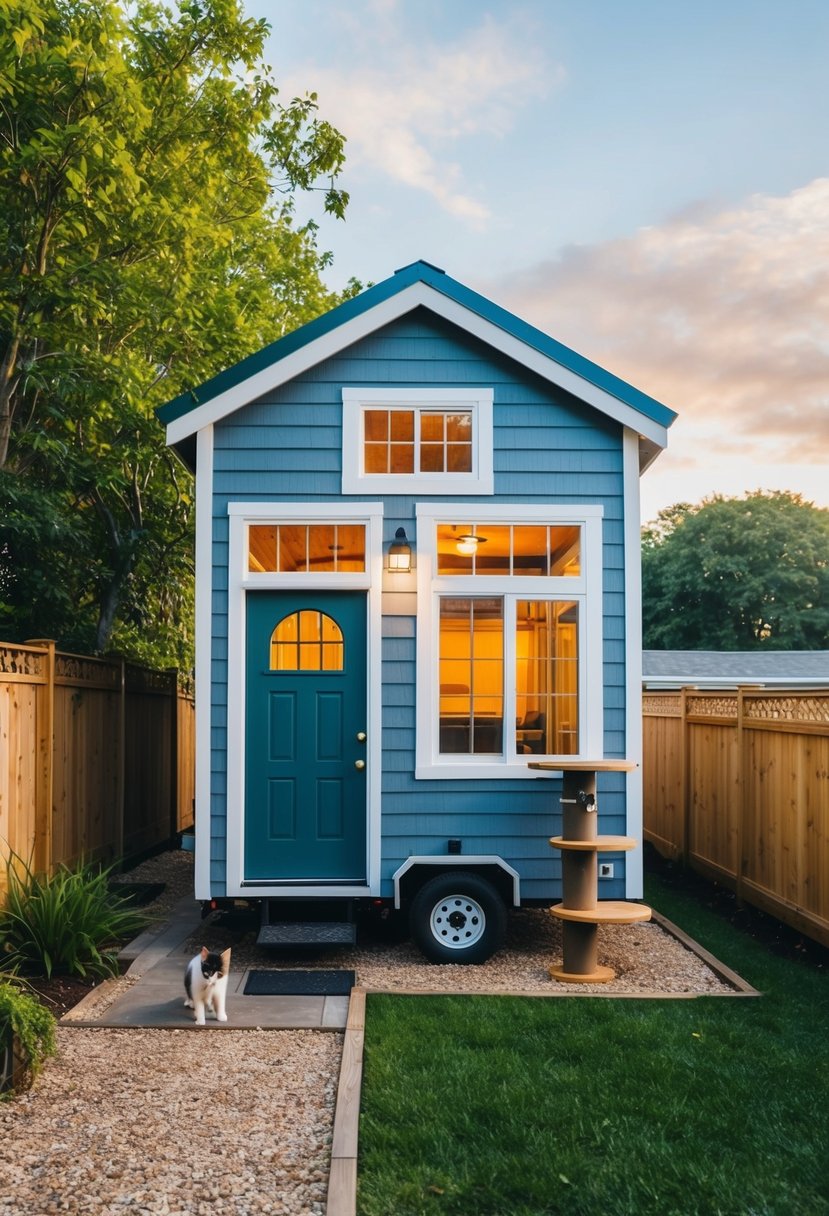 A cozy tiny house with a fenced-in yard, a doggy door, and a cat tree