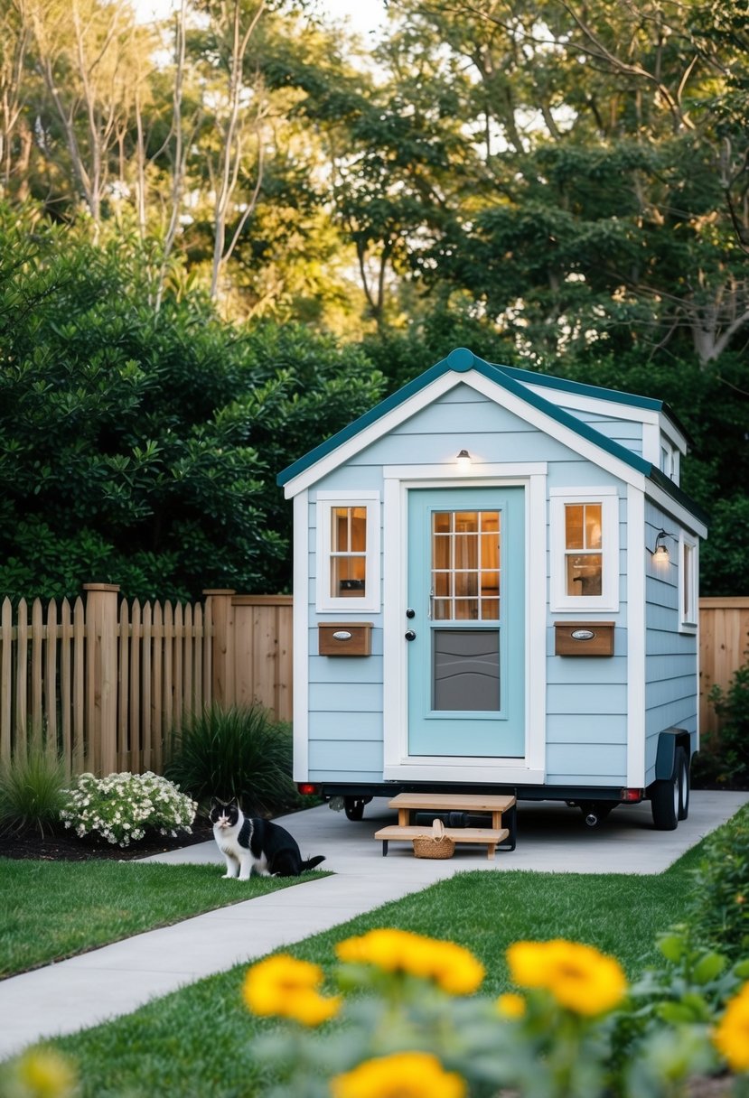 A cozy tiny house with a welcoming pet door, surrounded by a lush garden and a fenced-in yard for dogs and cats to roam and play