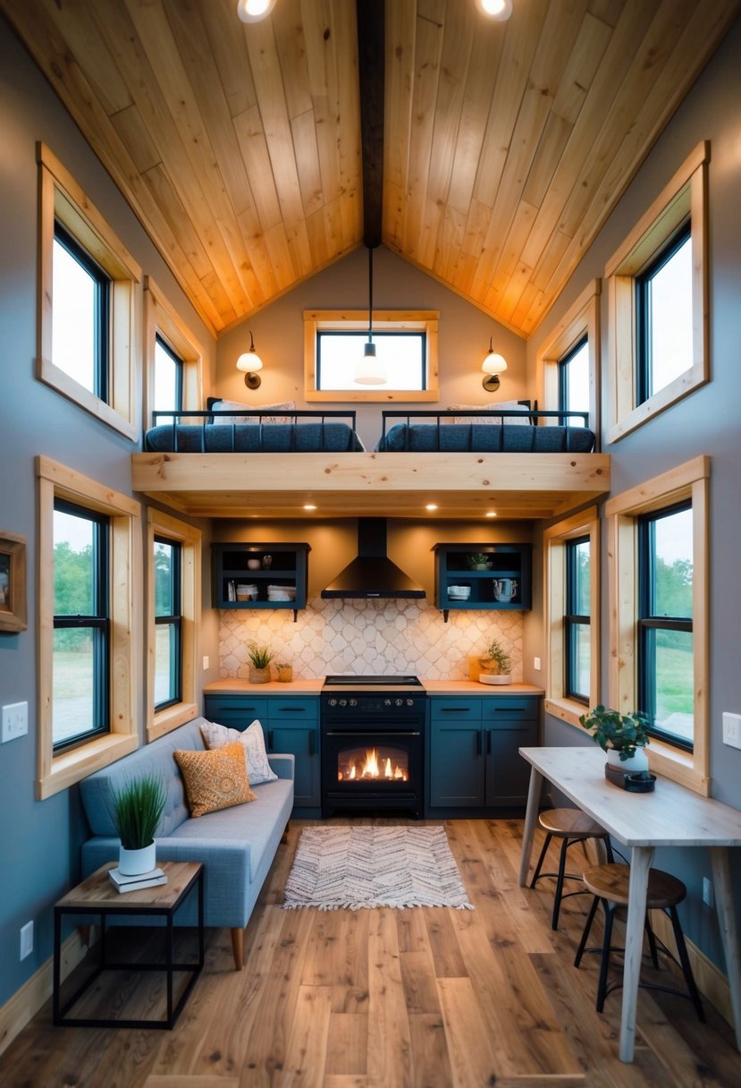 A charming tiny home with two lofts, a cozy fireplace, and stylish decor