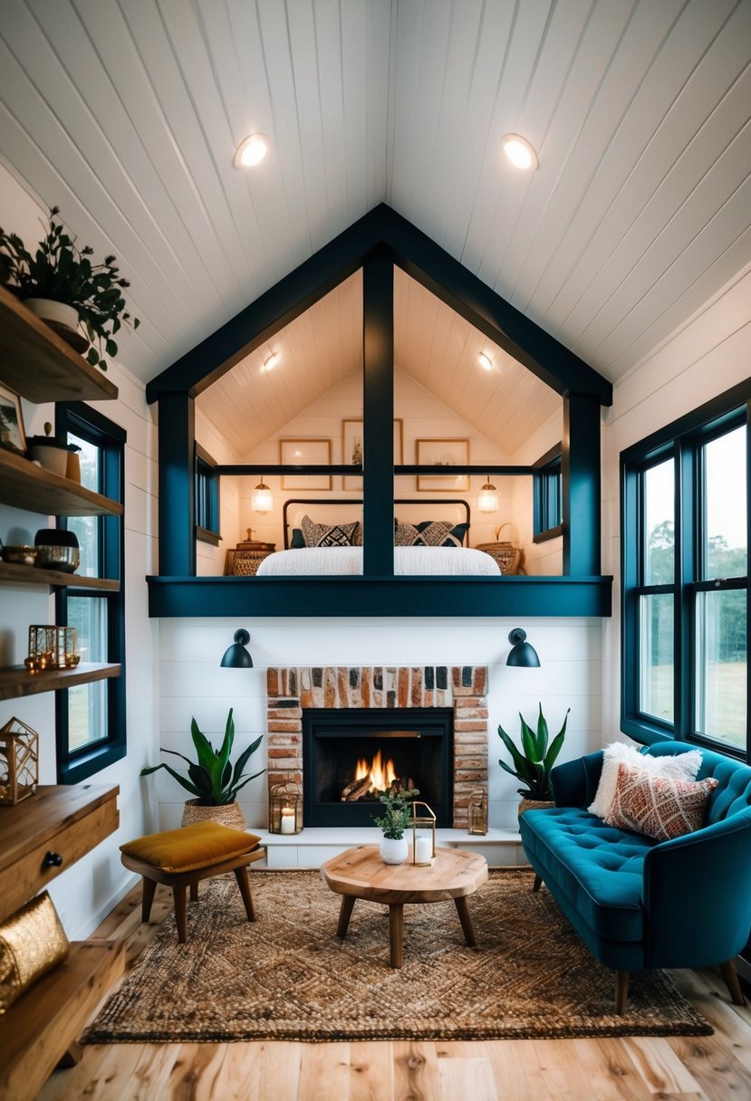 A charming tiny home with 2 lofts and a cozy fireplace, beautifully styled with unique decor