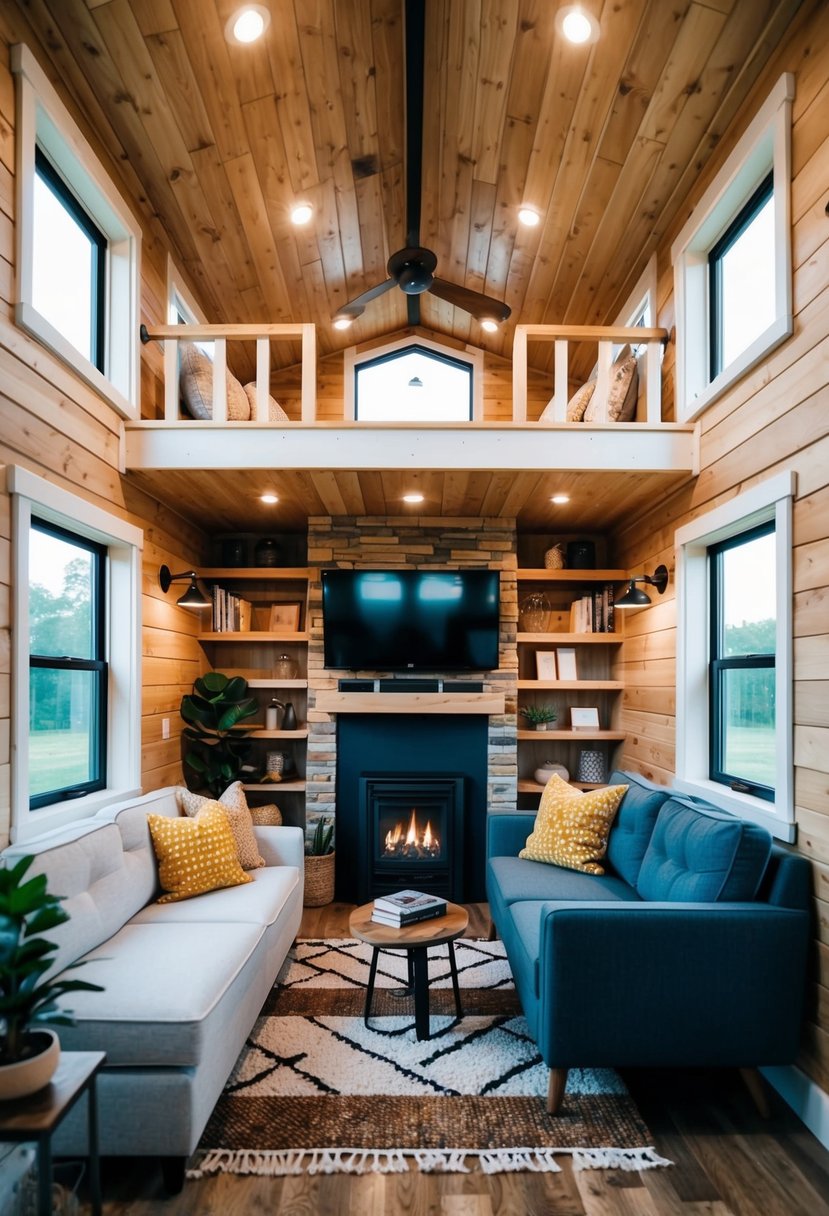 A cozy tiny living room with a fireplace in a gorgeously styled unique tiny home with 2 lofts