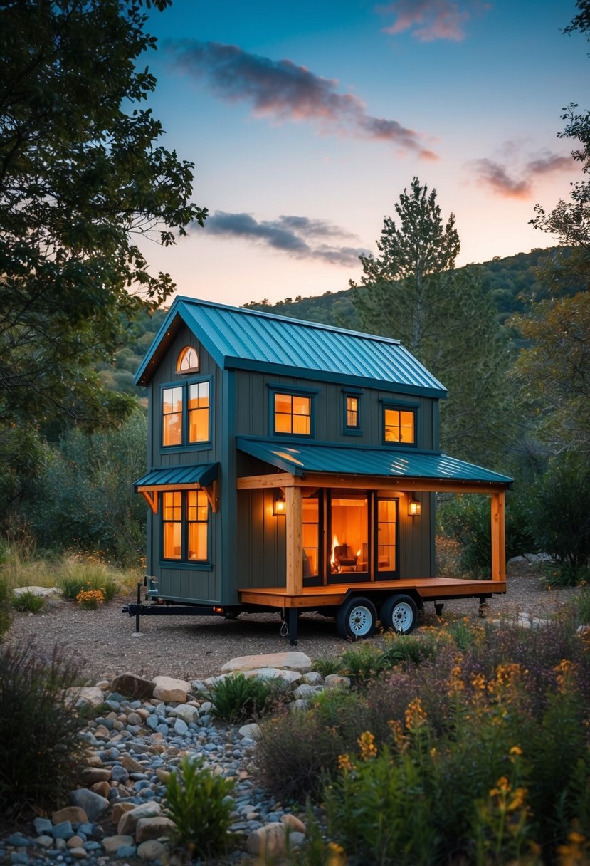 A cozy tiny home with stylish design, featuring two lofts and a warm fireplace, nestled in a picturesque natural setting