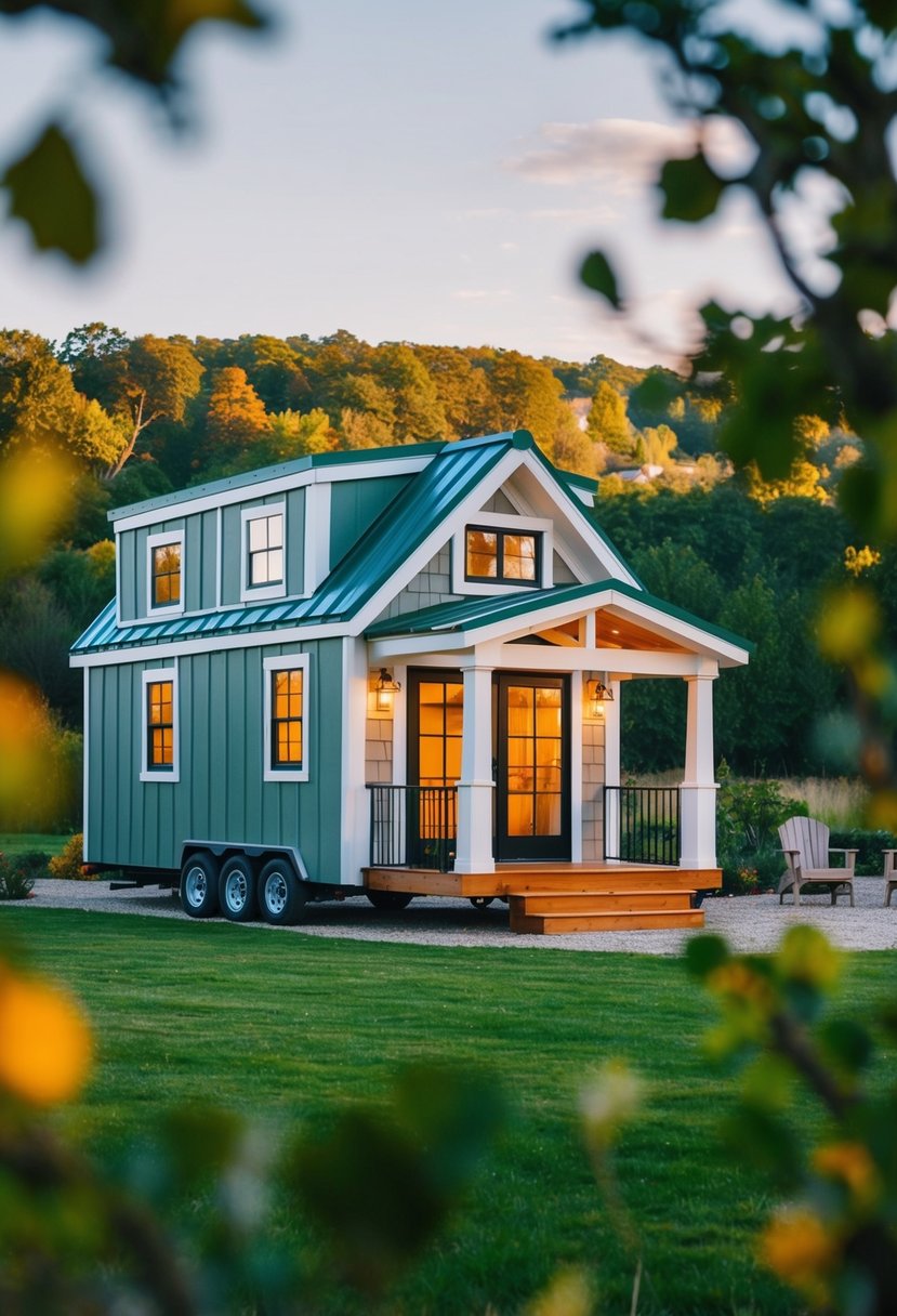A charming tiny home with stylish exterior, two lofts, and a cozy fireplace nestled in a picturesque setting