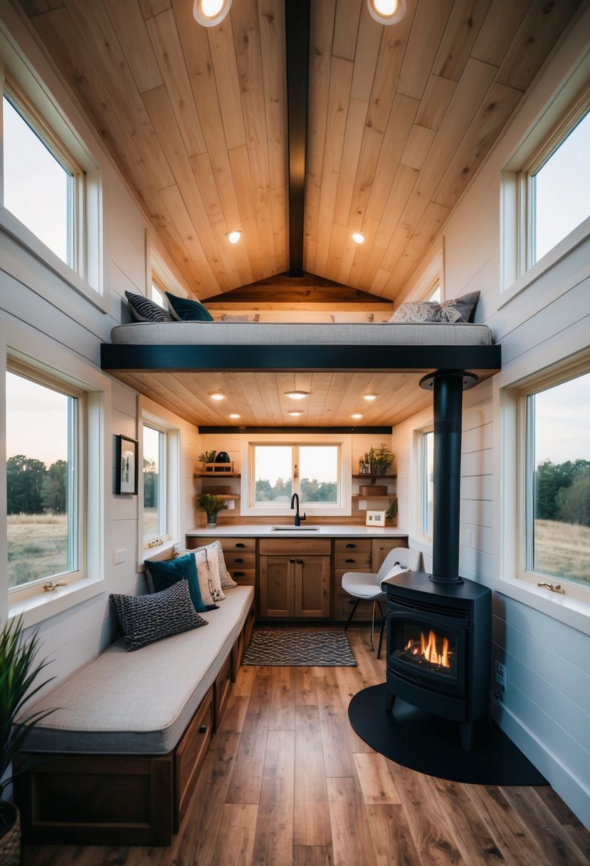 The tiny home features a beautifully styled interior with two lofts, a cozy fireplace, and a unique layout