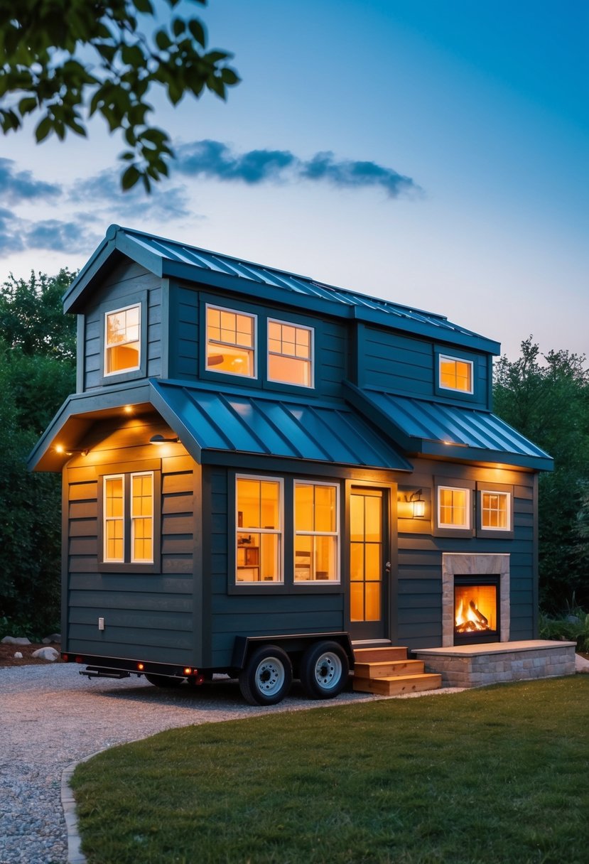 A charming tiny home with 2 lofts, a cozy fireplace, and gorgeously styled construction