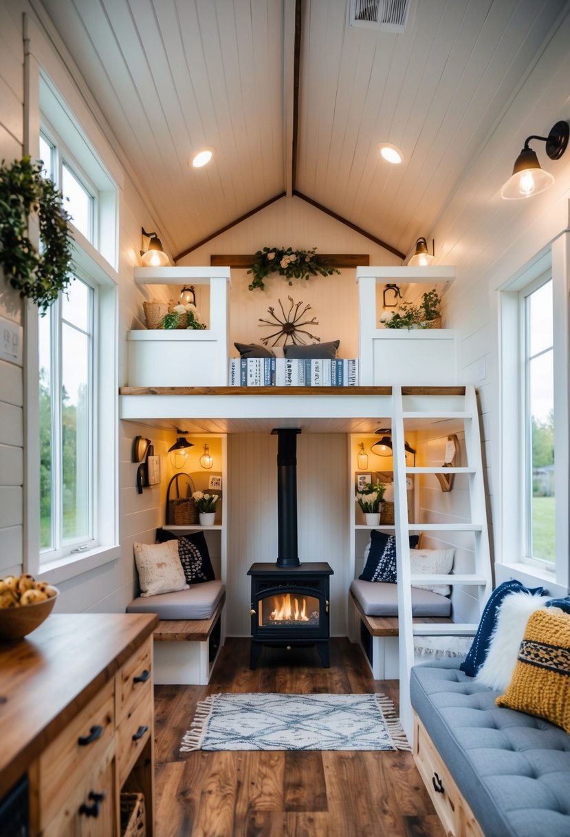 A charming tiny home with 2 lofts, a cozy fireplace, and beautifully customized and personalized decor