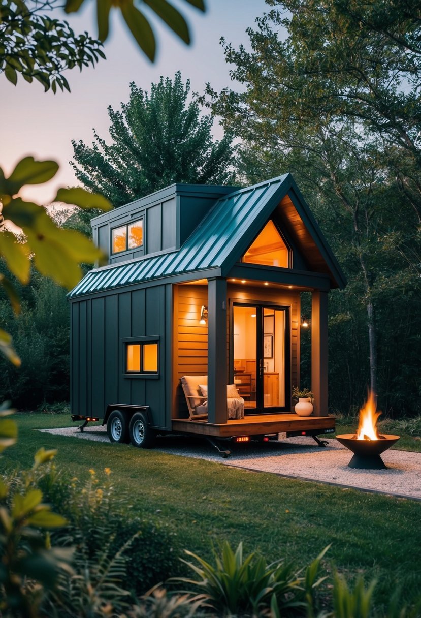 A cozy, stylish tiny home with 2 lofts and a fireplace, surrounded by nature and designed for functionality