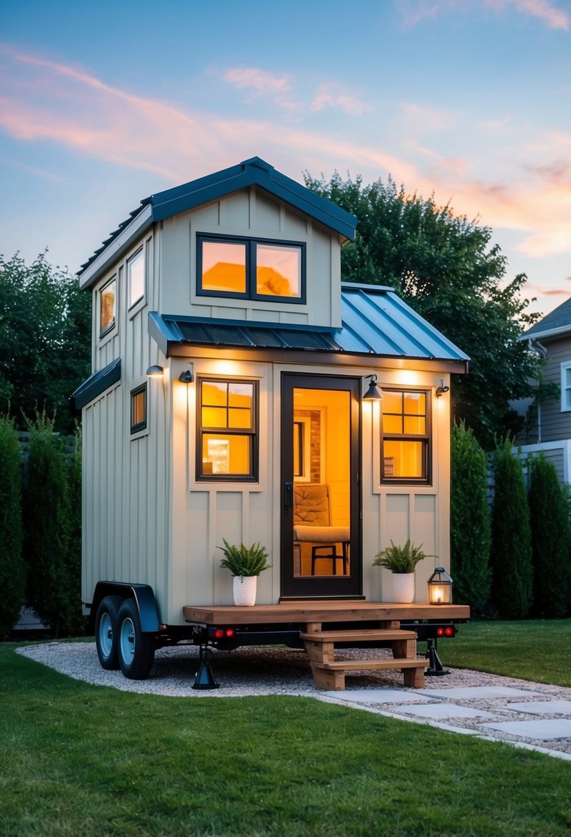 A charming tiny home with 2 lofts, a cozy fireplace, and stylish utility systems and services