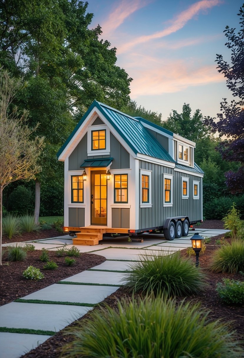 A charming tiny home with 2 lofts and a cozy fireplace, nestled in a beautifully landscaped setting, surrounded by carefully considered legal and zoning considerations