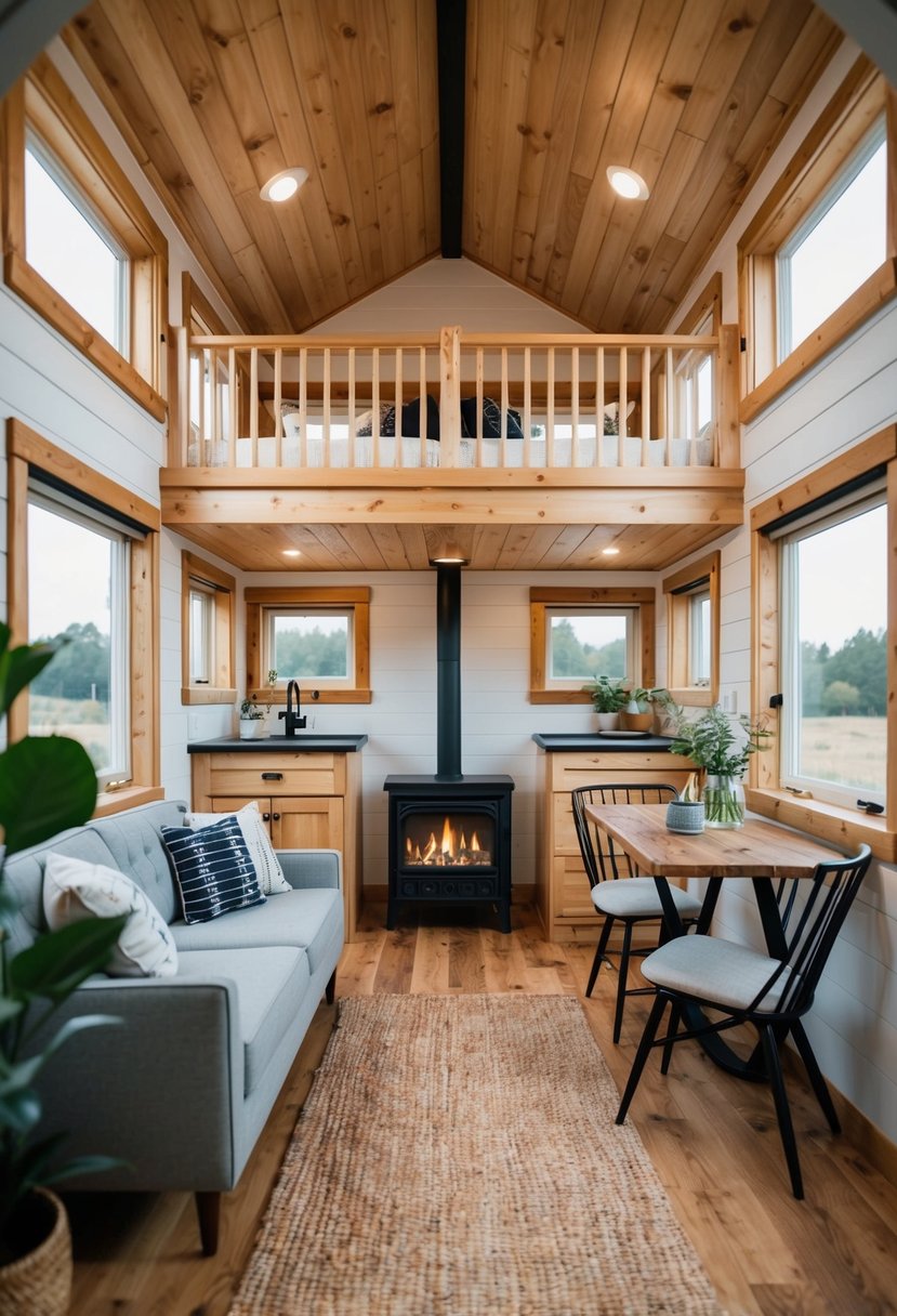 A charming tiny home with two lofts and a cozy fireplace, beautifully styled and ready to welcome its new inhabitants