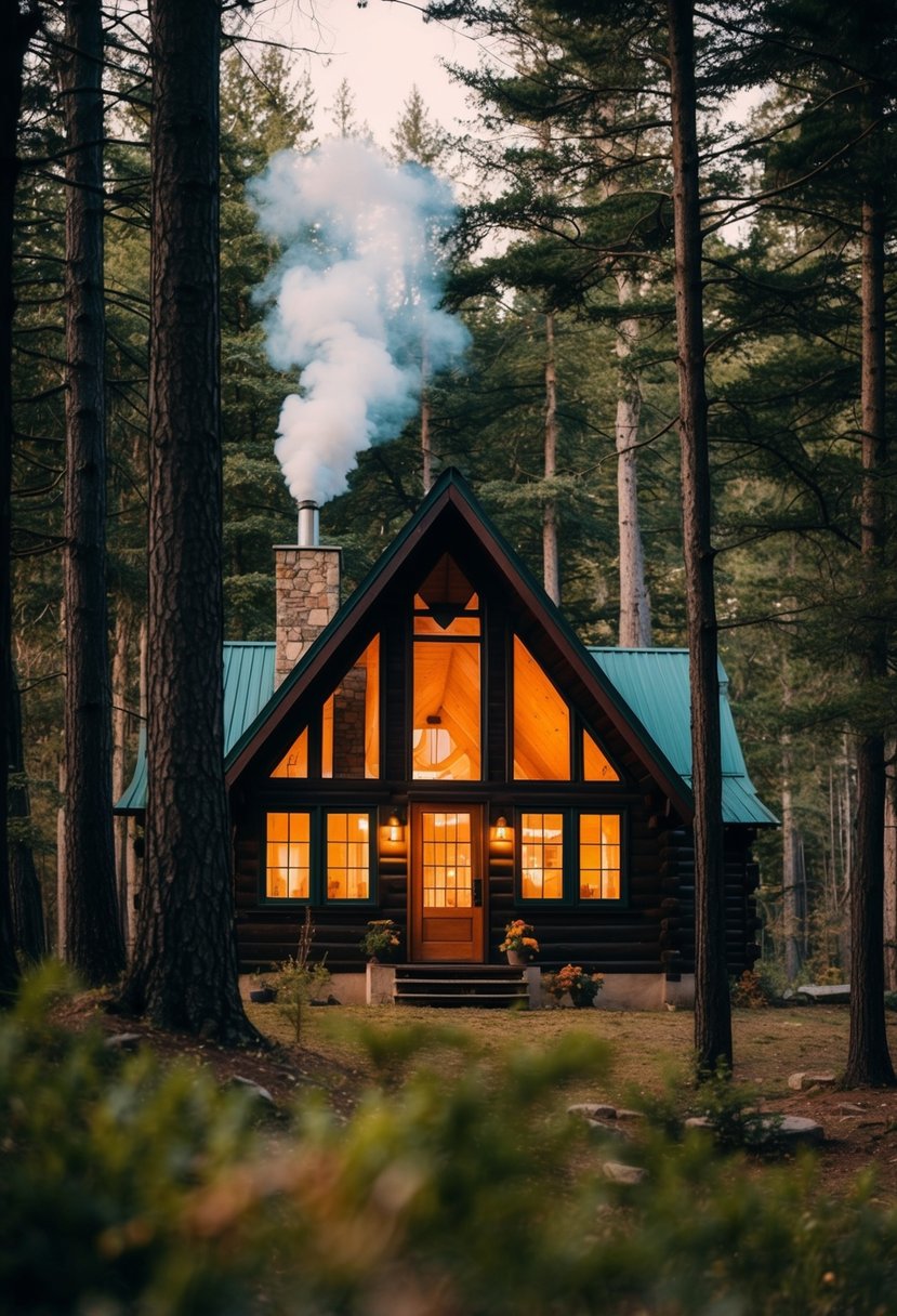 A cozy cabin nestled among tall trees, smoke curling from the chimney, warm light glowing from the windows, and a peaceful woodland setting