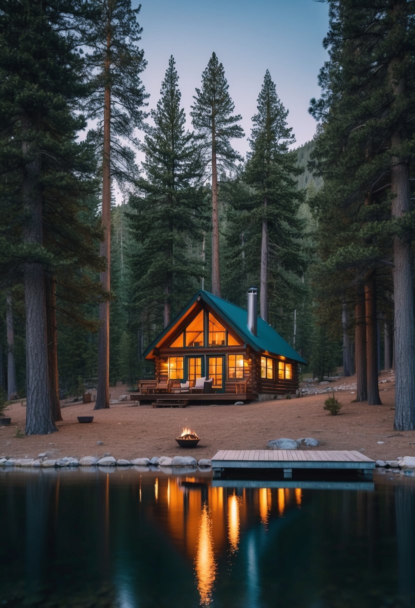 A warm, inviting cabin nestled among tall pine trees in a peaceful forest clearing, with a crackling fire pit and a small wooden dock by a tranquil lake