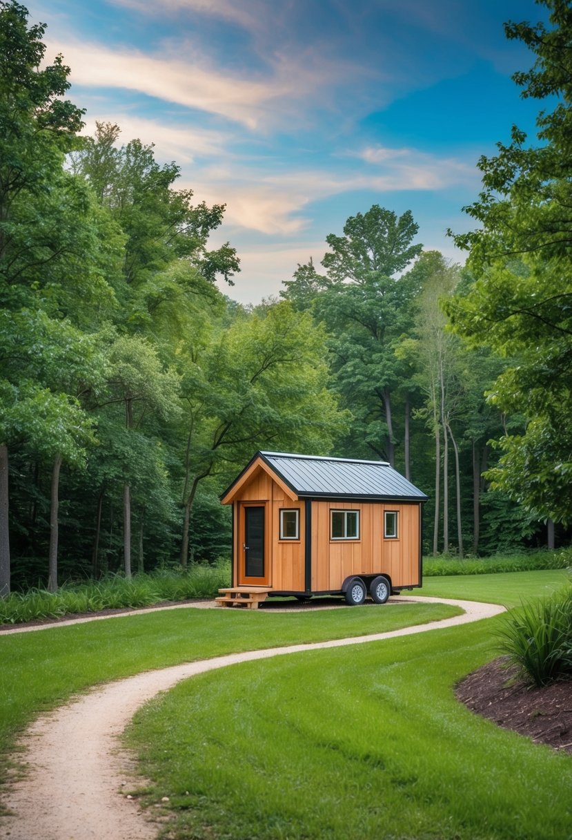 A serene forest clearing with a small, cozy cabin made from a tiny house kit under $5000, surrounded by lush greenery and a winding path