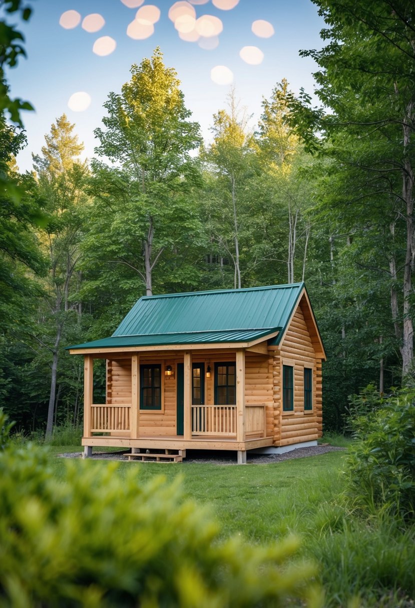 A cozy Glen Echo Cabin kit sits surrounded by trees, with a small porch and a pitched roof, nestled in a serene natural setting