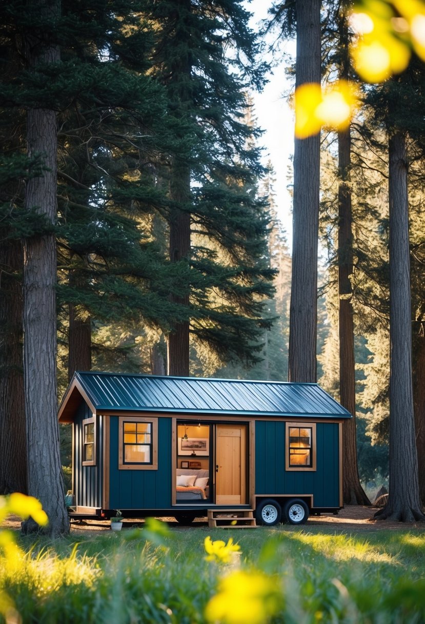 A cozy Sonoma Cabin Tiny Home Kit nestled in a tranquil forest clearing, surrounded by towering trees and dappled sunlight