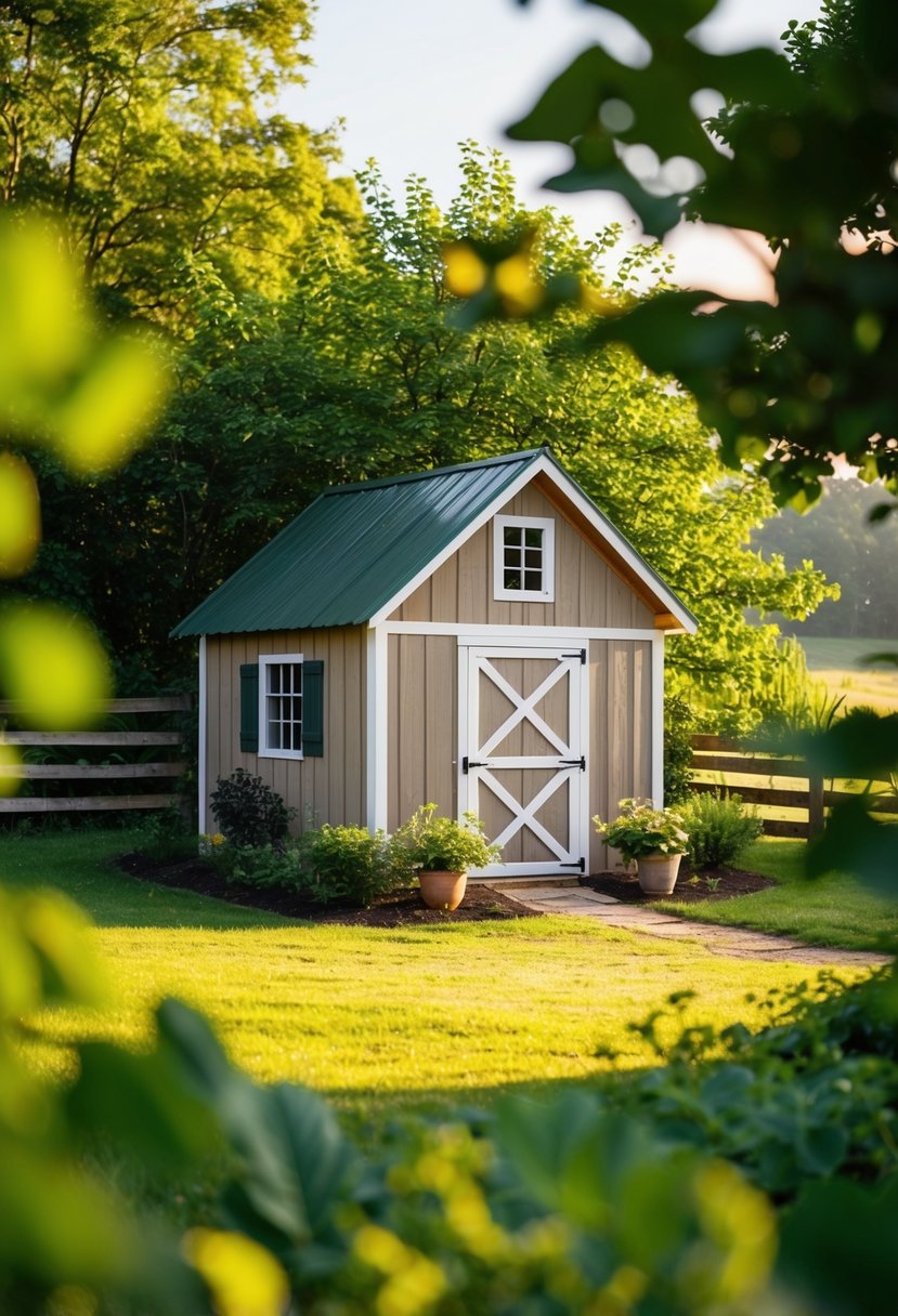 A cozy, rustic mini barn shed sits nestled in a serene countryside setting, surrounded by lush greenery and bathed in warm sunlight