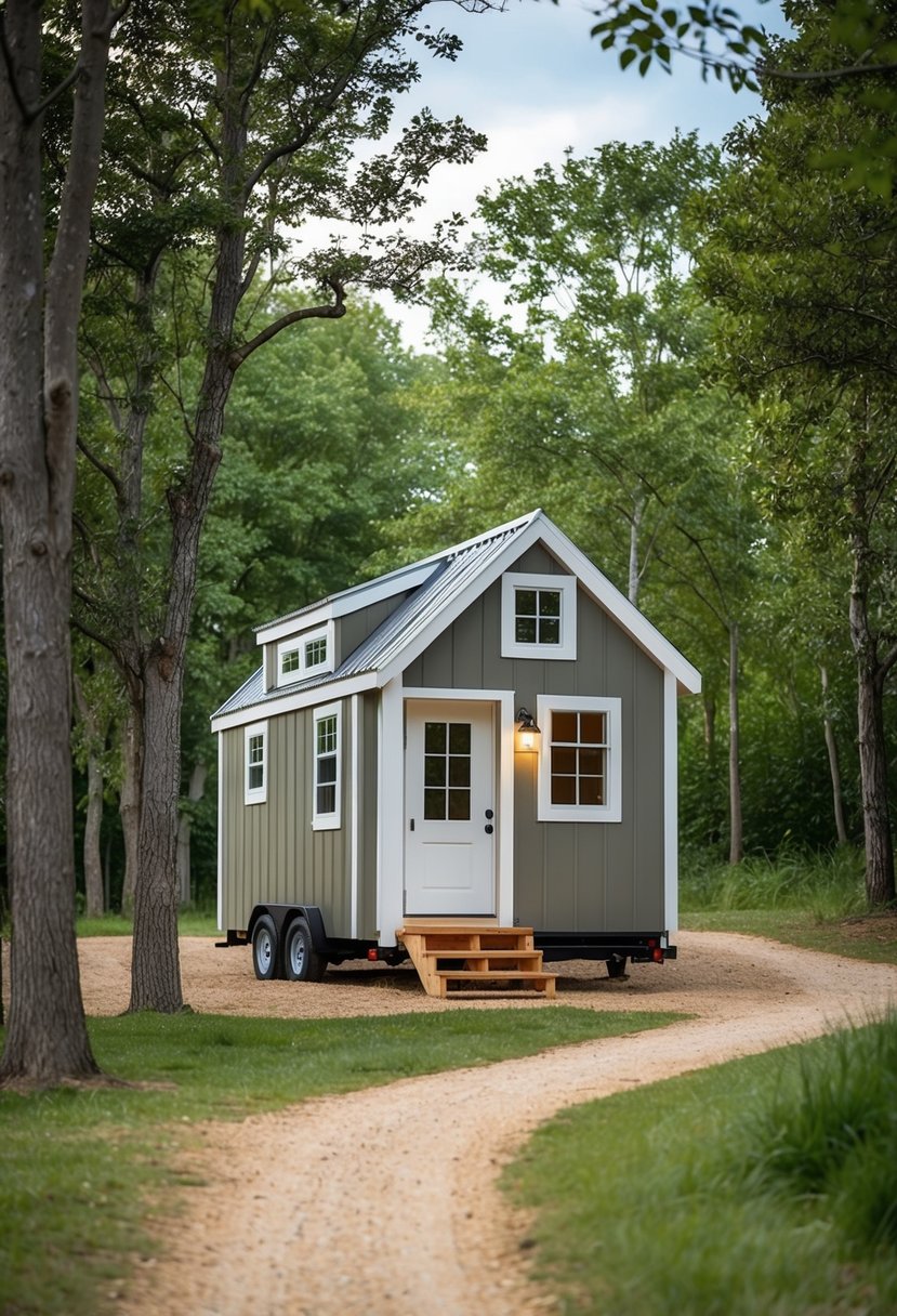A cozy saltbox shed tiny home kit nestled in a rustic setting, surrounded by trees and a winding path