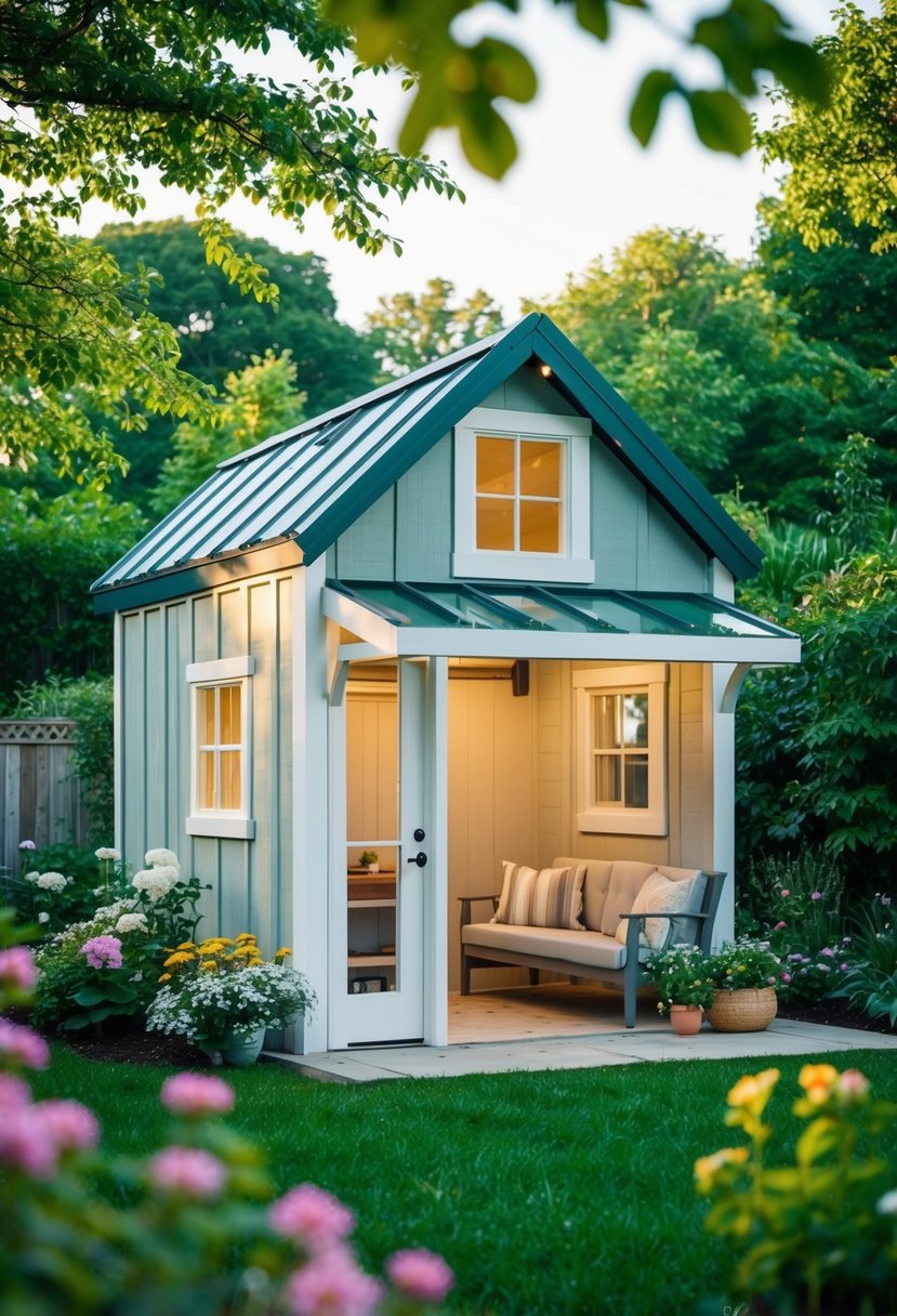 A cozy garden shed transformed into a tiny home kit, surrounded by lush greenery and blooming flowers
