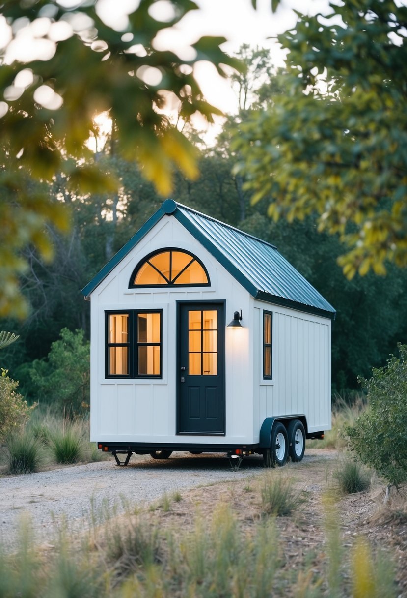 A cozy, minimalist tiny house kit with arched windows and a sloped roof sits nestled in a serene natural setting