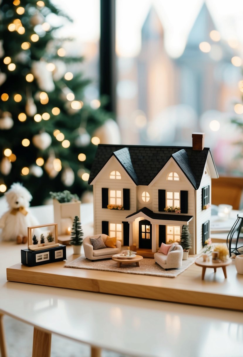 A cozy, miniature dollhouse kit sits on a table, surrounded by tiny furniture and accessories