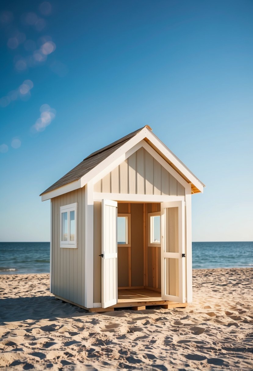 A small DIY beach house shed kit being assembled on a sandy shore under a bright blue sky