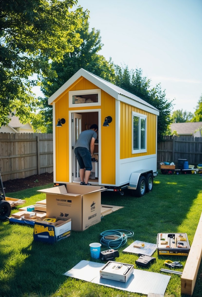 A sunny backyard with a small DIY tiny house kit being unpacked and assembled by a person. Various tools and materials scattered around the area