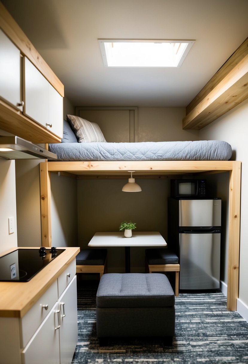 A cozy loft with a fold-out bed, compact dining table, and storage ottoman. The kitchenette features a mini-fridge and stovetop