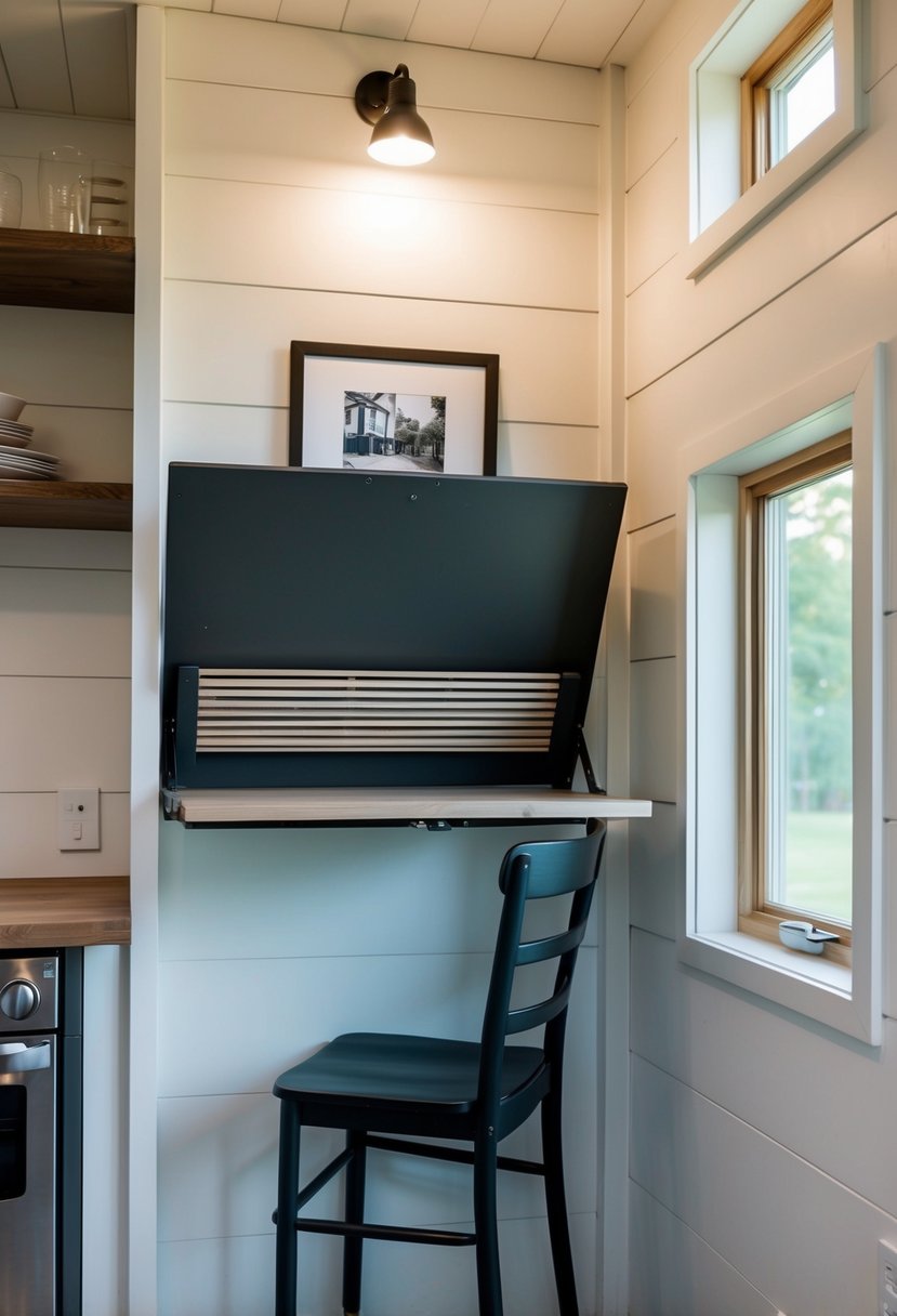 A wall-mounted table folds out from the tiny house wall, with a chair tucked neatly underneath