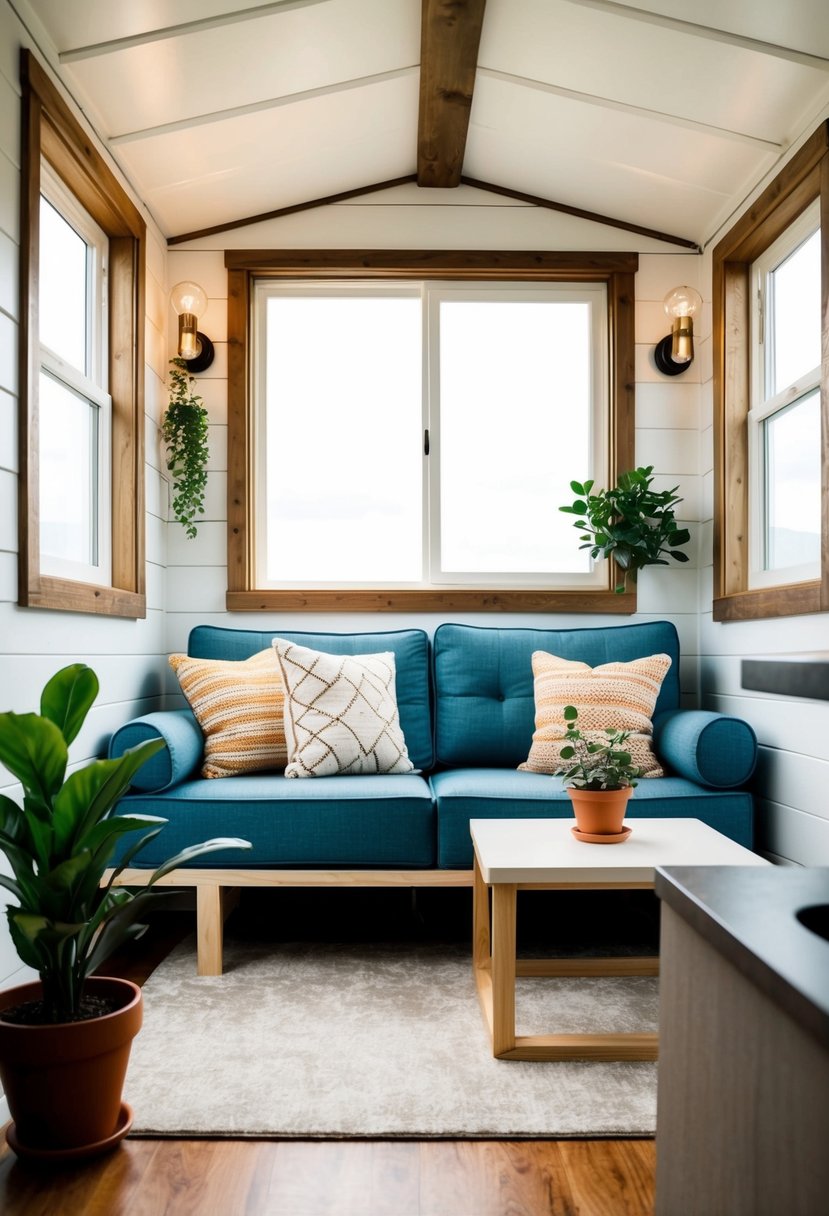 A cozy tiny house living room with a modular sofa, coffee table, and potted plant